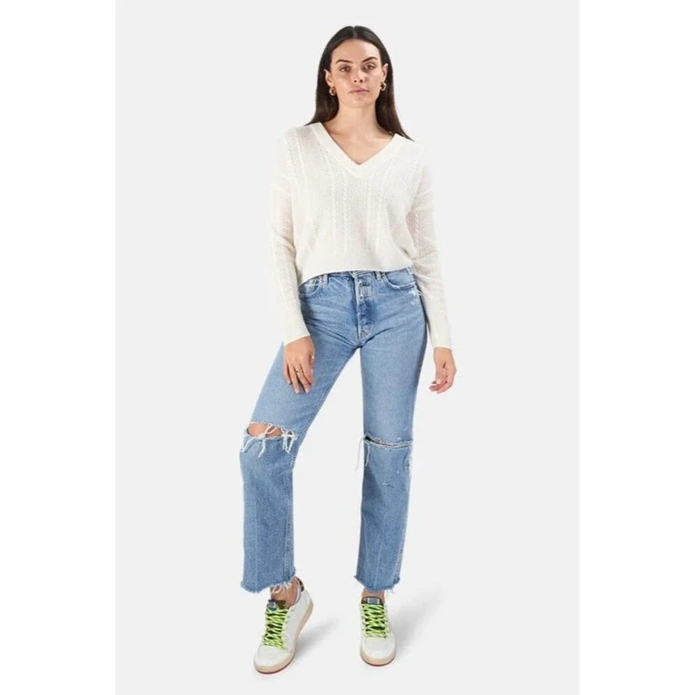 Naadam Super Luxe Cashmere Sweater L Cream V Neck NWT $358 Luxury Knit